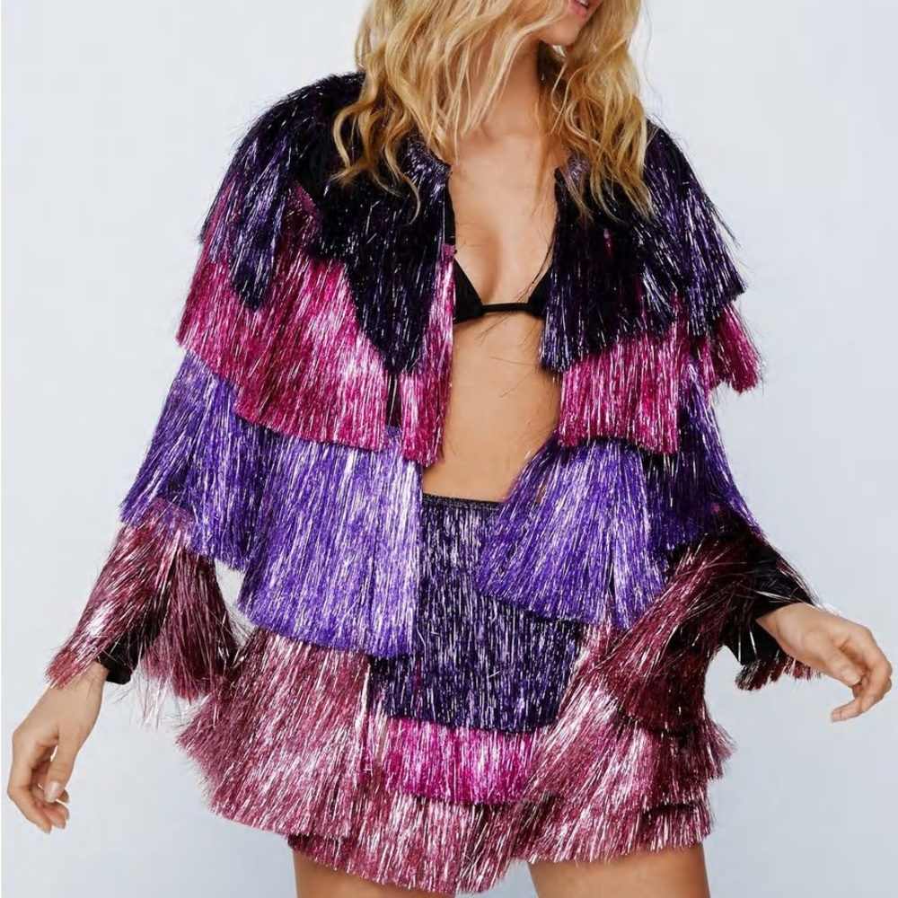 Nasty Gal- Metallic Two Piece Tiered Fringe Open Front Jacket